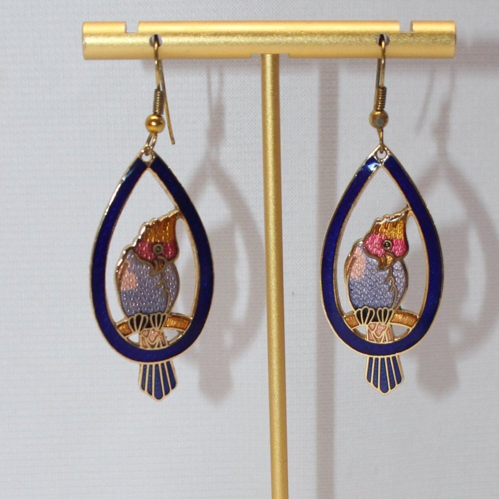 Vintage Cloisonne Enamel Parrot on a Swing Dangle Earrings